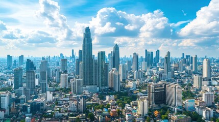 Aerial View of a Modern Cityscape with Skyscrapers and Clouds