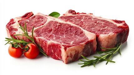 Two raw beef steaks with rosemary sprigs and cherry tomatoes isolated on white background.