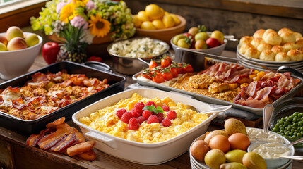 Fototapeta premium Hearty Breakfast Spread with Fluffy Scrambled Eggs and Fresh Morning Delights