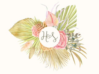 Beautiful watercolor Tropical orchid and flowers botanical plants with leaves illustration detailed for frame, banner, border.