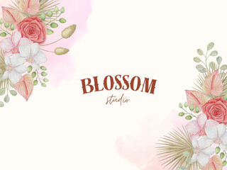 Beautiful watercolor Tropical orchid and flowers botanical plants with leaves illustration detailed for frame, banner, border.