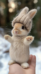 Cute Bunny Standing in Warm Knit Hat and Scarf, Cozy Winter Style
