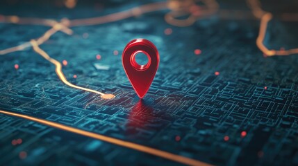 Red map pin positioned on a high-tech, interactive road map display. -