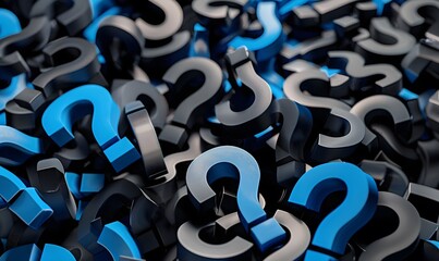Black and blue question marks background. 3D Rendering. 