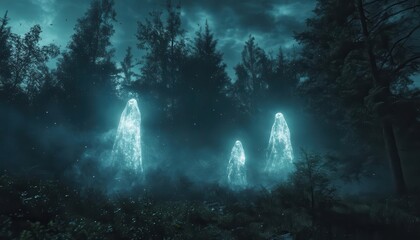 Haunted Halloween night eerie settings with ghostly apparitions floating through a dark forest, captured in eerie lighting, Spooky, Cool Tones, Atmospheric