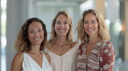 Obraz premium Three Smiling Women Standing Together Indoors