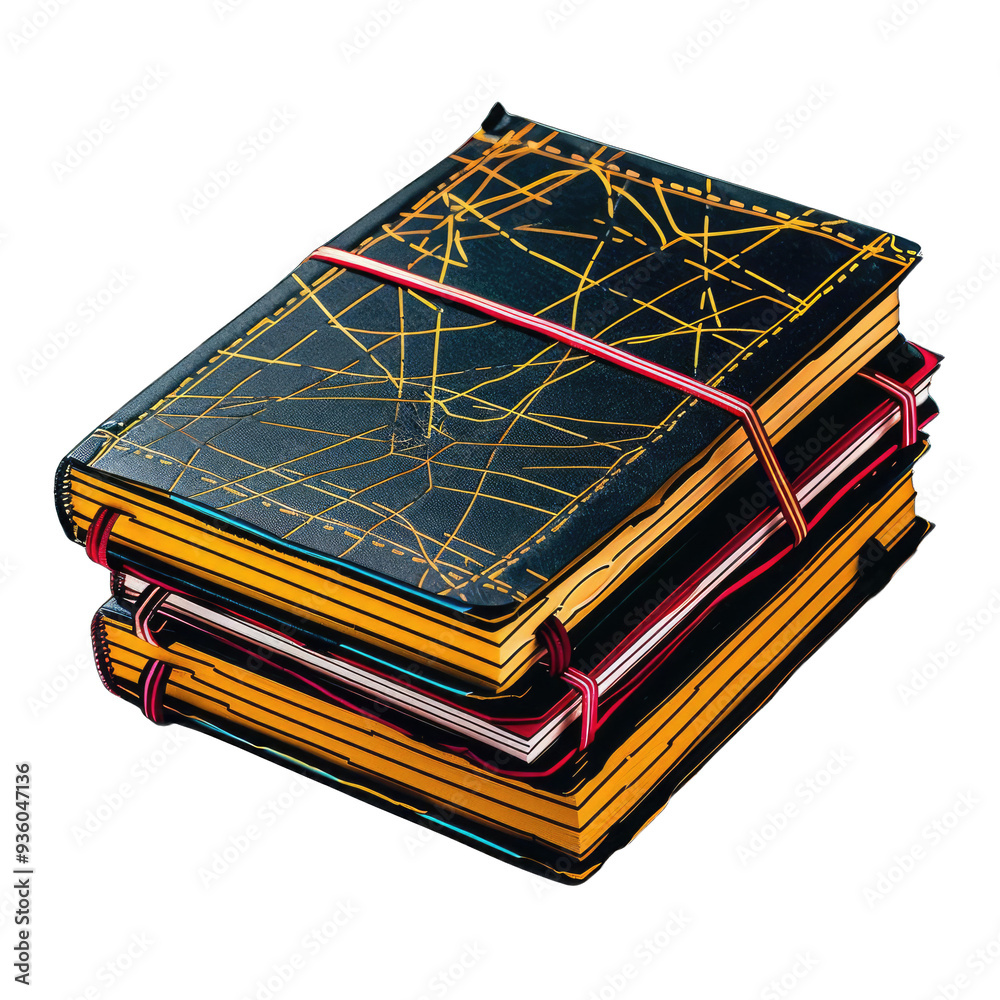 Poster a stack of artistic notebooks showcasing intricate designs with vibrant colors, perfect for creative