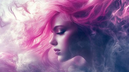 Fototapeta premium Portrait of a Woman with Pink Hair in a Dreamlike Setting