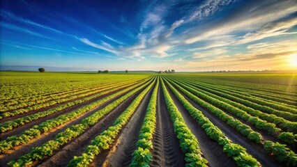 Agriculture field with rows of crops under clear blue sky