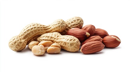 Peanuts and Hazelnuts Isolated on White Background