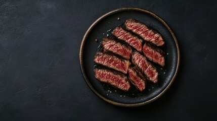 Sliced Wagyu Rib Eye steak, grilled and beautifully presented on a plate. The dark background adds a dramatic effect to the juicy, marbled beef. Top view.