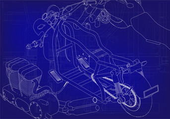 Disassembled motorcycle on a blue background. Unique design. 