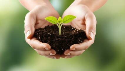 A close-up of hands holding a young green plant with rich soil