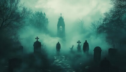 Haunted Halloween night events with guests wandering through a dark, foggy cemetery, encountering ghostly figures, Spooky, Cool Tones, Atmospheric