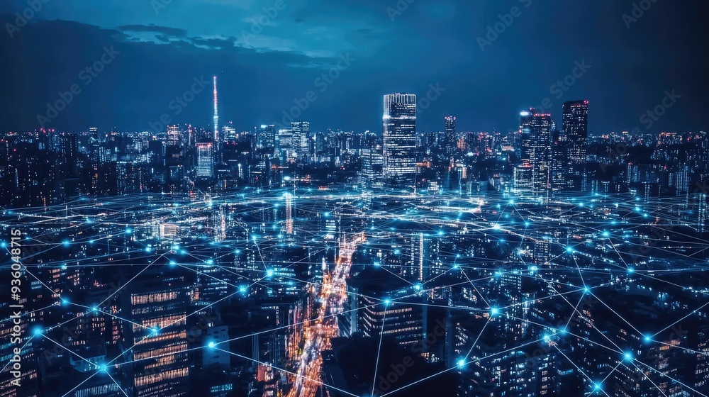 Poster smart city connection dot point connect with line network, technology metaverse concept.big data con