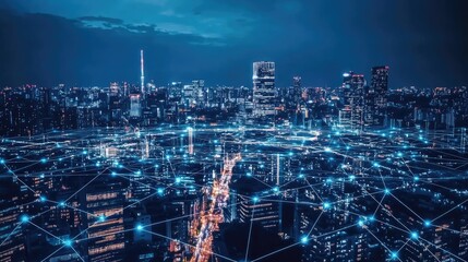 Smart city connection dot point connect with line network, technology metaverse concept.Big data connection technology. Telecommunication and communication network concept.