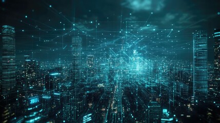 Smart digital city with globalization abstract graphic showing connection network . Concept of future 5G smart wireless digital city and social media