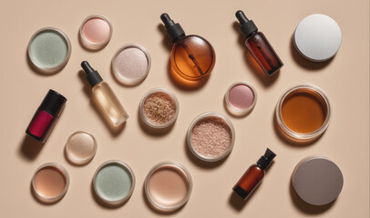 Obraz premium A flat lay of various beauty products on a light beige surface