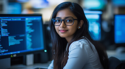 A professional, confident South Asian woman sitting at her desk in a modern and bright office. Natural candid advertising style. Wide landscape aspect ration 16:9