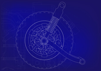 Wheel and shock absorbers on a blue background.