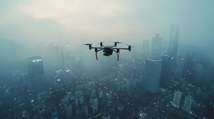 Naklejka premium An autonomous drone flying overhead capturing high-resolution footage of a smart city below with AI-powered navigation and data processing systems ensuring precision and safety