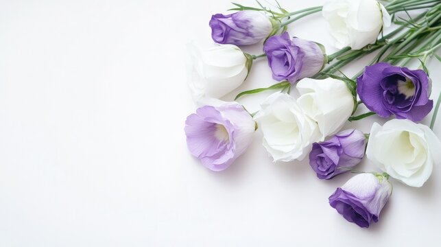 Sophisticated layout of white and purple eustoma flowers on a white background, highlighting their delicate beauty.