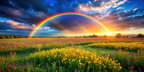A vibrant rainbow stretching over a lush meadow with blooming flowers