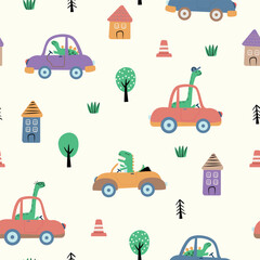 Childish seamless pattern with dinosaurs in cars . Colorful vector illustration.