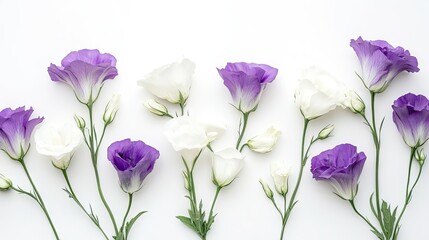 Stylish and elegant arrangement of white and purple eustoma flowers on a white background, creating a sophisticated scene.