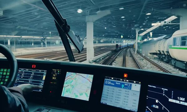 View from a train driver's cabin showing controls and tracks.