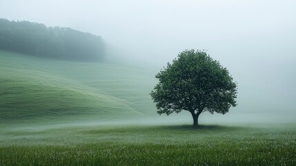A single tree stands tall in a misty field, the rolling hills in the background are shrouded in fog.