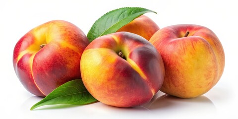 Fresh ripe peach fruits with green leaf isolated on white background