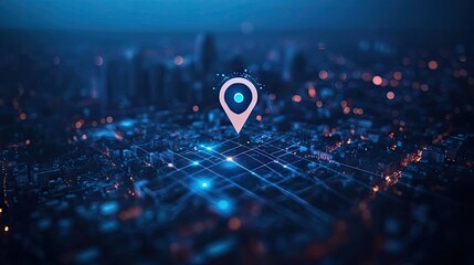 Symbol map pin and network for searching location above city scape with blue tone.