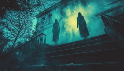 Fototapeta premium Haunted Halloween night haunted folklore with ghostly apparitions appearing in the shadows of a haunted mansion, Spooky, Cool Tones, Atmospheric