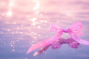 Ethereal Starry Bridges Over Serene Glowing Lakes and Vibrant Pink Ribbon Bow on Minimalist White for World Breast Cancer Day