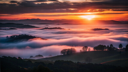 Fototapeta premium Sunrise landscape with fog over hills and trees, serene mood, colorful clouds in the sky