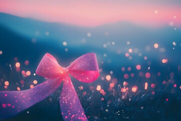 Ethereal Landscapes with Twinkling Stars and Vibrant Ribbon Bow for World Breast Cancer Day