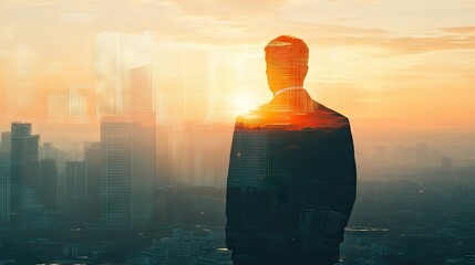 The double exposure image of the businessman standing back during sunrise overlay with cityscape image. The concept of modern life, business, city life and internet of things.