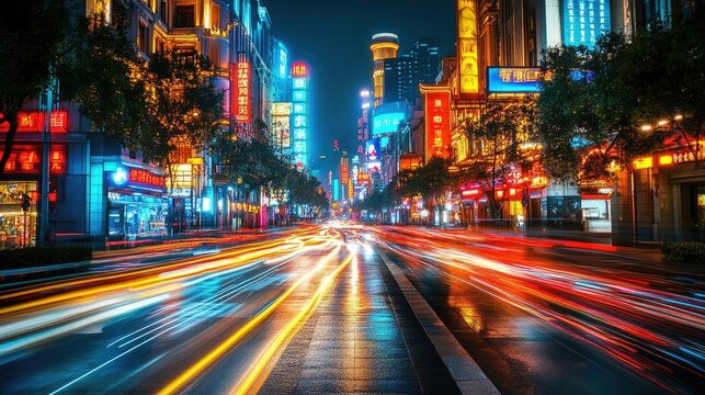 the light trails on the steet in shanghai china