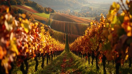 Fototapeta premium The view of beautifully planted vineyards during grape harvest in autumn. The generation of AI