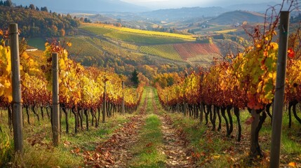 The view of beautifully planted vineyards during grape harvest in autumn. The generation of AI