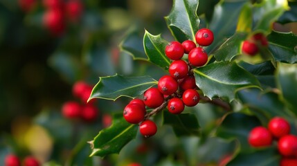 Red Holly Berries On Green Bush