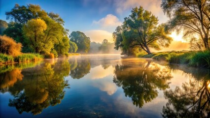 Fototapeta premium Tranquil morning scene by the river with misty water and reflections