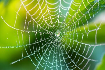 Close-up of dew covered spider web in a garden morning light