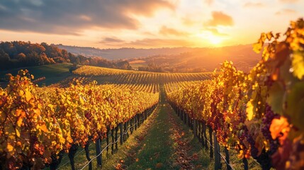 Naklejka premium The view of beautifully planted vineyards during grape harvest in autumn. The generation of AI