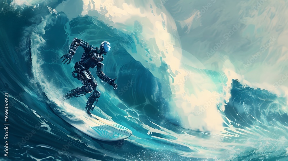 Wall mural robot surfer riding wave: a robot surfer maintaining balance and grace while riding a massive wave.