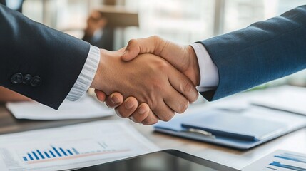 Professional handshake in a modern office setting with a digital tablet on the table
