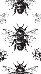 Vintage bee vector insect linocut stencil pattern clipart 