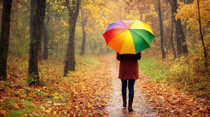 Obraz premium Woman with colorful umbrella walks in autumn forest, back view. The generation of AI
