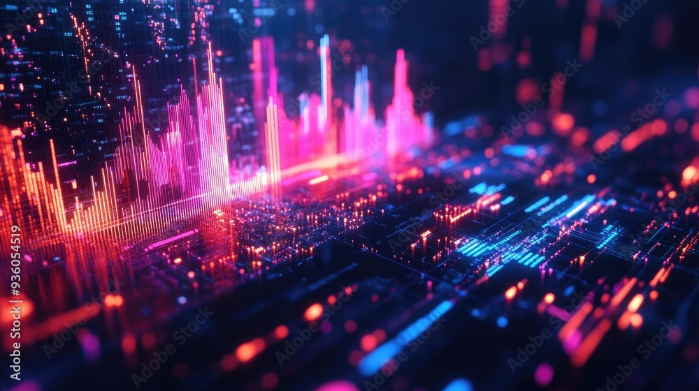 Poster vibrant 3d financial graph with abstract shapes and glowing elements illustrating data points. -